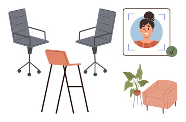 Office chairs, high stool, armchair, indoor plant, portrait face recognition. Ideal for workspace, technology, teamwork identification decor minimalism comfort. Simple flat metaphor