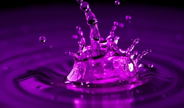 A single purple drop creates an energetic splash, forming a beautiful liquid crown with radiating ripples on the dark surface. - Powered by Adobe