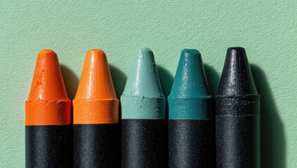 Close-up of five crayons in muted orange, teal, and black shades against a pale green background