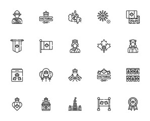 Victoria Day icon set. Canadian holiday vector illustrations. Featuring symbols for fireworks, parade, celebrations, Queen Victoria, banners, drums, balloons, and more.