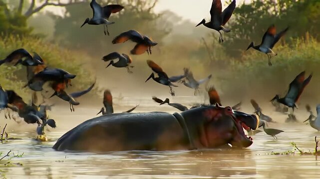 Hippo chasing birds in splashing water attack scene 
