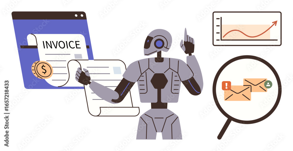 Poster robot managing invoice processing, reviewing scanned emails, and analyzing growth charts. ideal for 