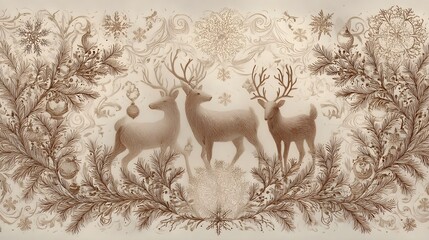 Sepia Pencil Reindeer with Evergreen Frame
