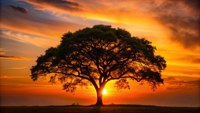 A large tree stands alone at sunset with vibrant colors in the sky