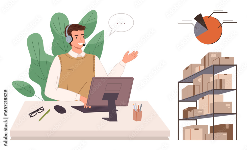 Poster man wearing headset working on computer, speech bubble above him. shelves with boxes and overhead pi