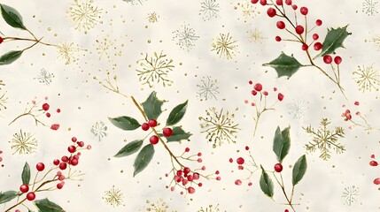Hand-drawn Holly and Snowflakes with Gold Accents