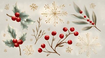 Rustic hand-drawn holly, berries and gold snowflakes