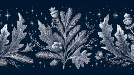 Ink Winter Foliage Border with Icicles and Stars