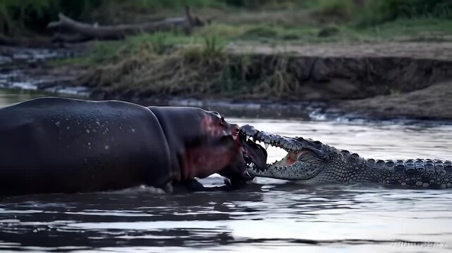 Hippo confronting crocodile in river water scene 
