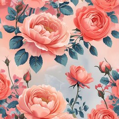 Elegant Floral Composition Coral Roses on a Soft Watercolor Wash