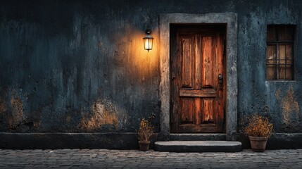 Rustic wood door and window on distressed blue painted wall in colonial style latin american town
