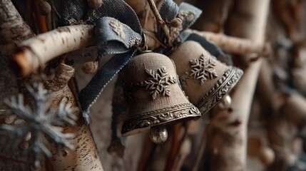 Rustic embroidered bells with birch twigs and blue ribbons