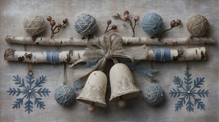 Rustic silver bells and embroidered snowflakes on birch twigs
