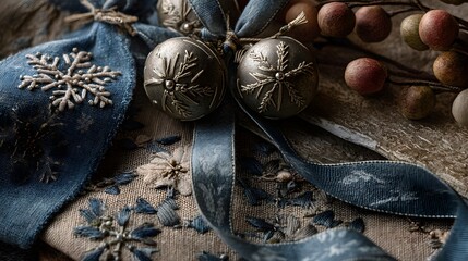 Rustic folk-art silver bells with embroidered snowflakes