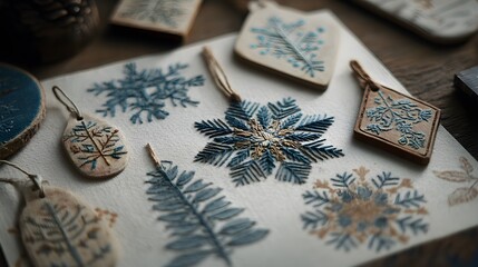Rustic folk-art wooden ornaments with embroidered snowflakes