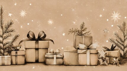 Sepia Sketches of Wrapped Gifts with Fir Sprigs