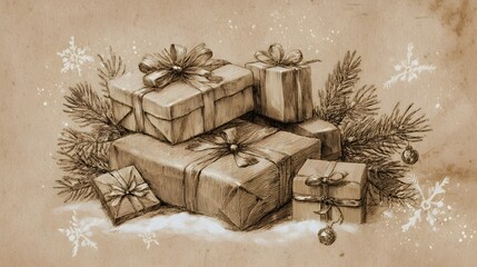 Sepia sketch of wrapped gifts with fir sprigs