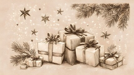Sepia Sketches of Wrapped Gifts with Fir and Stars