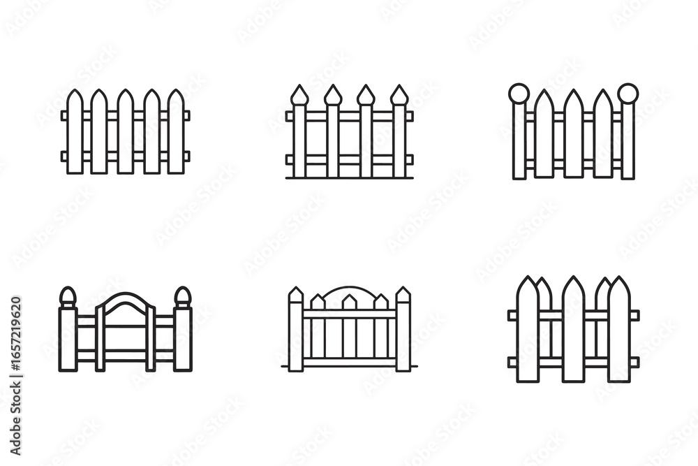 Poster collection of fence line icons vector illustration symbolizing property boundaries security and home