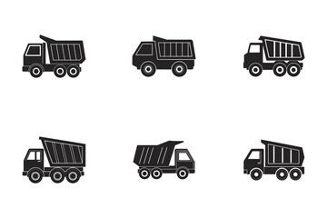 Collection of Dump Truck Vector Icons in Silhouette Style for Construction and Transportation themed Designs with Variety of Configurations