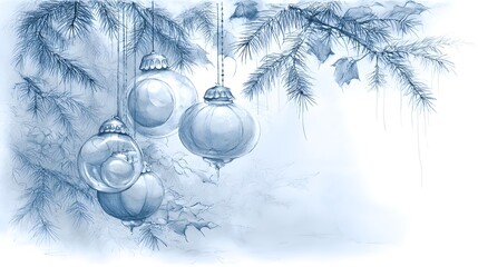 Monochrome Blue Pencil Sketch of Hanging Glass Ornaments