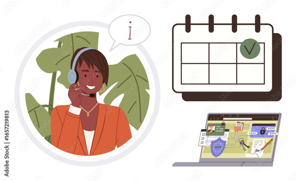 Aufkleber customer support agent with headset assisting, calendar for scheduling, and secure digital interface