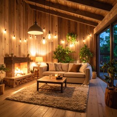 Fototapeta premium Cozy living room with fireplace and patio view