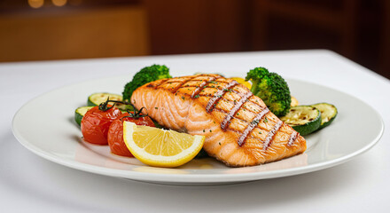 Grilled salmon fillet served with vegetables and lemon on a white plate close up studio shot