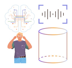 Man wearing glasses imagining brain networks, sound waves, and a transparent cylindrical interface. Ideal for AI, innovation, data processing, creativity, cognitive science, technology simple flat
