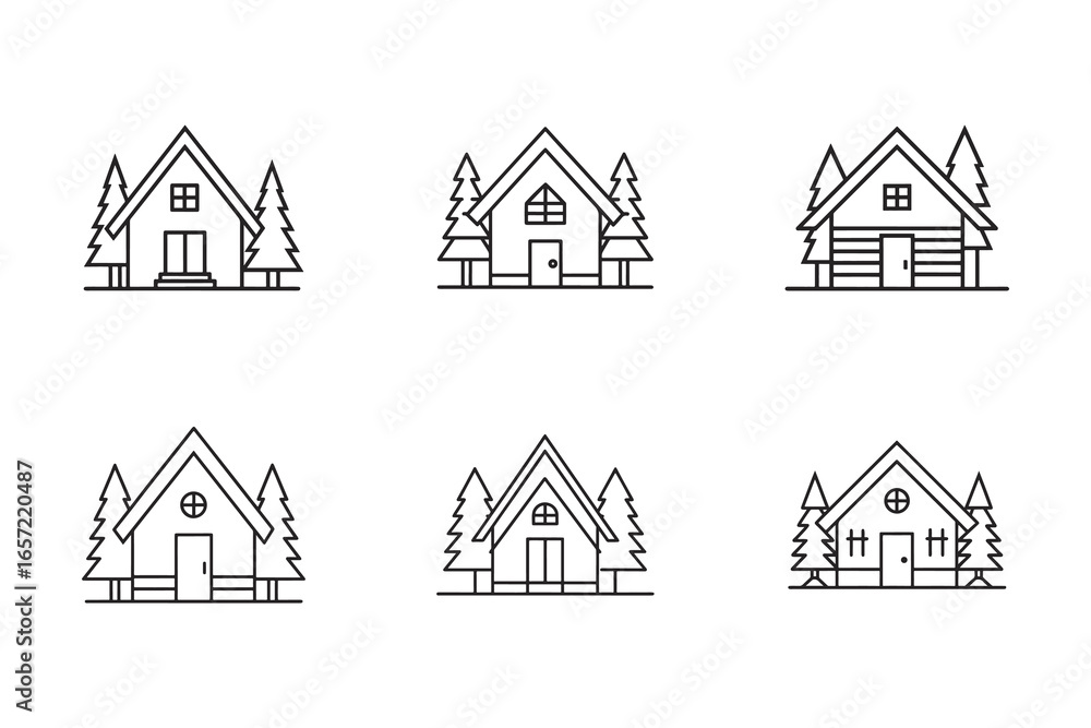 Poster collection of linear style cabin icons with trees isolated on white background for design and decora