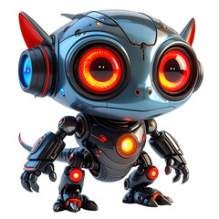 A futuristic, stylized robot, with vibrant glowing eyes and metallic armor, stands isolated on a transparent background.