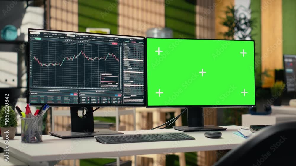Aufkleber trading software in proprietary firm office with graphs on green screen pc monitors. chroma key comp