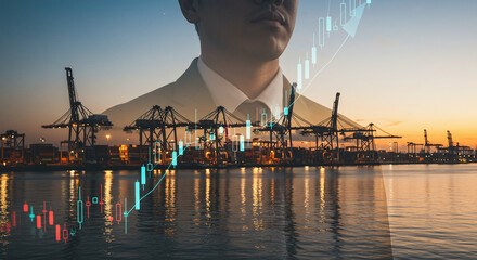A man over a port with cranes and a financial chart overlayed on the water at sunset light