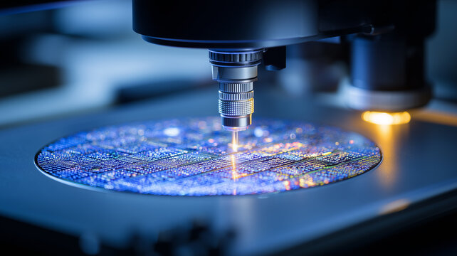 A semiconductor wafer is patterned by a precision laser under blue illumination, inside a controlled clean room. The composition communicates advanced microelectronics fabrication