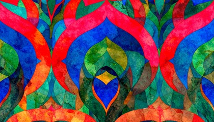 Vibrant abstract pattern with intersecting shapes and colors.