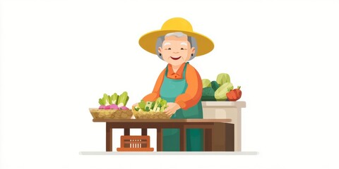Illustration of elderly asian woman selling vegetables at market organic food, local farming, vegetable stand, senior entrepreneur, eco produce