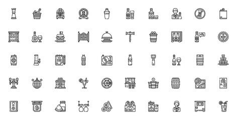 Bar icon set. Vector illustration of bar and pub elements. Includes jigger, champagne, jukebox, cocktail shaker, whiskey, bartender, beer tap, wine bottle, bar counter, billiard, menu and more.