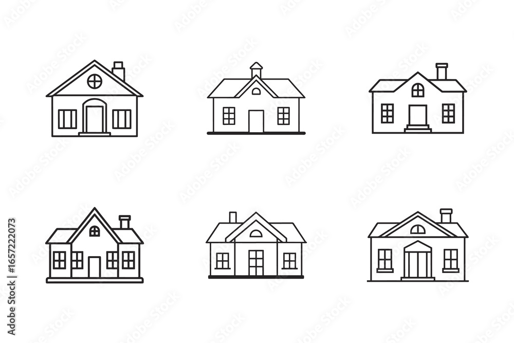 Poster collection of minimalist house icons representing various architectural styles and real estate conce