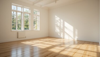 Obraz premium Sunlight streams into a bright, airy, and modern empty room with hardwood floors showing calmness