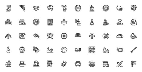 Mexican culture icon set. Vector illustration. Includes symbols for Taco, Avocado, Guitar, Day of the Dead, Tequila, Sombrero, Cactus, Piñata and more. Editable stroke.