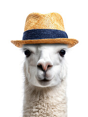 Fototapeta premium A charming portrait of a fluffy white llama gracefully wearing a rustic woven straw hat posing elegantly against a simple clean background showcasing its gentle nature