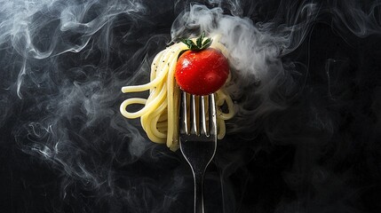 A forkful of spaghetti with a cherry tomato, surrounded by smoke.