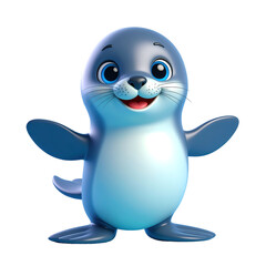 A cheerful cartoon seal character, presented in vibrant shades of blue and gray, stands out isolated on a transparent background.