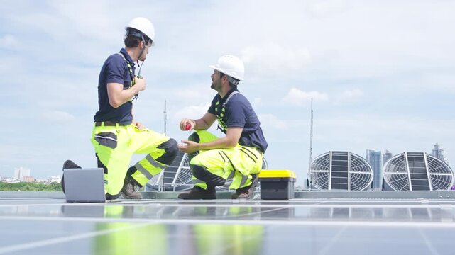 Solar cell, electricity alternative renewable clean energy for environmental conservation, sustainability technology. Male engineer maintaining solar panel system on construction site building rooftop
