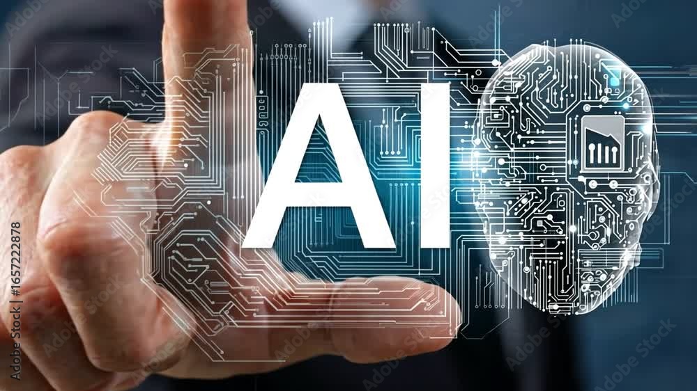 Poster a businessman interacts with artificial intelligence represented by a digital face and circuit desig