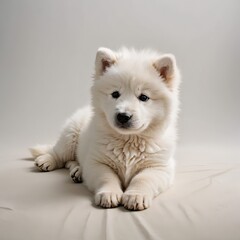 Fototapeta premium のびをしながら伏せるサモエド子犬