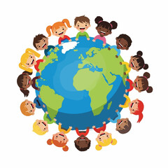 Naklejka premium A diverse group of happy, smiling cartoon children of various ethnicities arranged in a circle around the planet Earth.