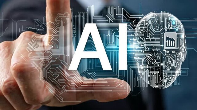 A businessman interacts with artificial intelligence represented by a digital face and circuit designs, showcasing the future of technology and innovation in business.