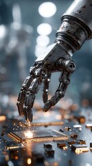 Advanced robotic manipulator with intricate metallic fingers delicately touching a complex circuit board with glowing components