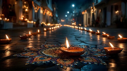 Pathway Illuminated by Oil Lamps During Diwali Festival on a Moonlit Urban Street